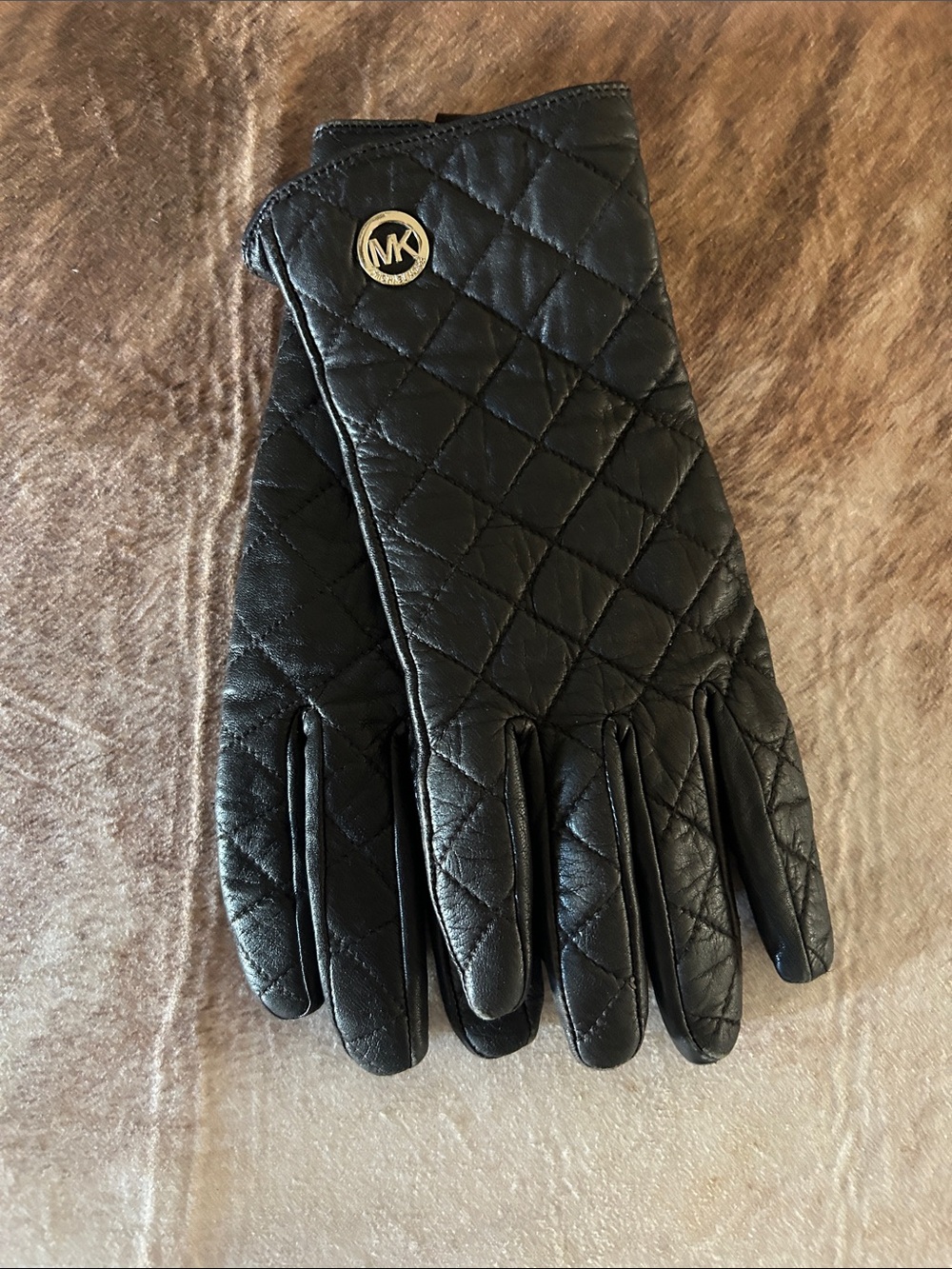 Michael Kors Black Quilted Leather Gloves with Gold MK Button